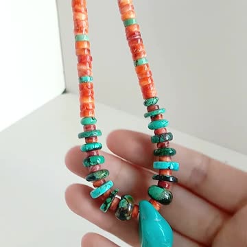 Natural turquoise orange spiny oyster Bumble bee gemstone colorful necklace 20231030-04-08