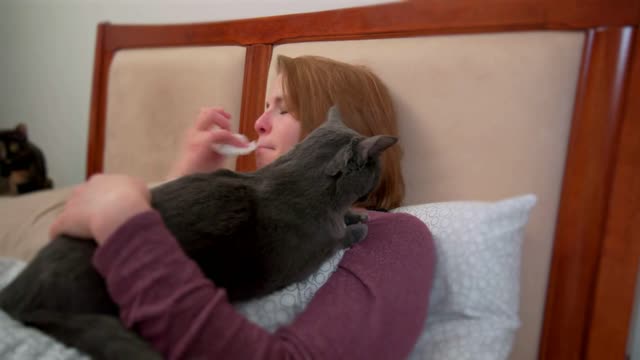 Sick Woman Laying In Bed With Cats