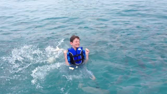 Boy Swims In Ocean While Fish Eat Bread Around Him