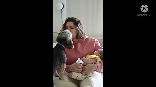 Mother serve love her child and dog puppie