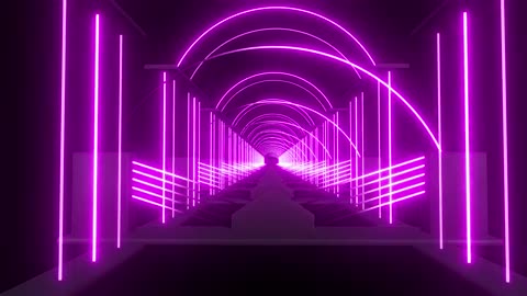 A tunnel with arches made of violet light lines