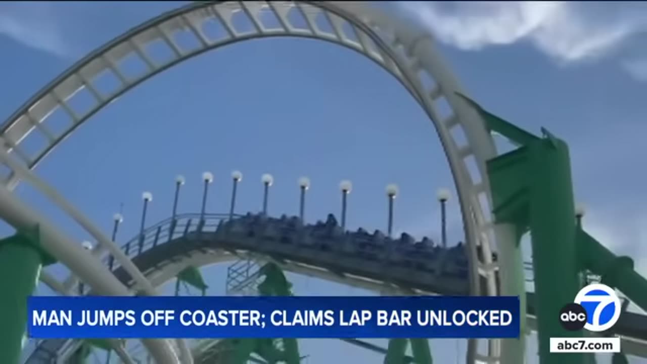 Video shows man jump off roller coaster after lap bar unlocks mid-ride