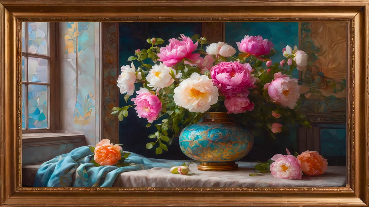 Vintage peonies flower background. Vintage floral Oil Painting | Framed Art Screensaver for TV.