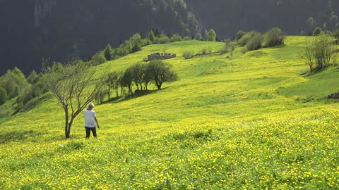 Woman walking in a mountain valley