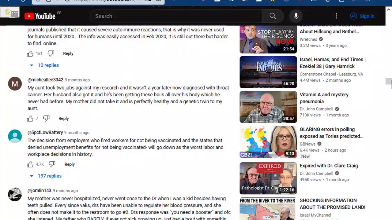 YouTube comments of 2 videos related to vaccine injuries.