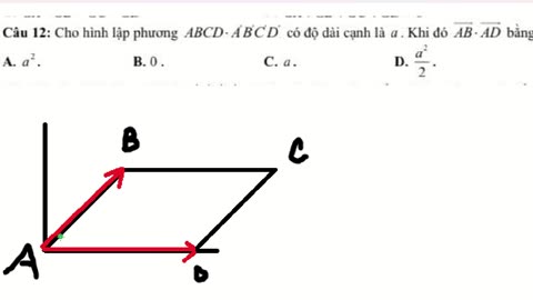 Toán 10: Cho hình lập phương ABCD.A'B'C'D' có độ dài cạnh là a. Khi đó AB.AD bằng