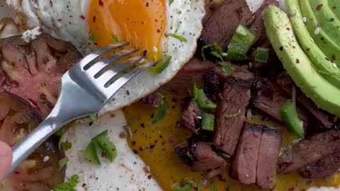 true or true? Lowcarb tortilla, bbq sauce, steak, eggs, avocado, tomato, fresh herbs. SO GOOD