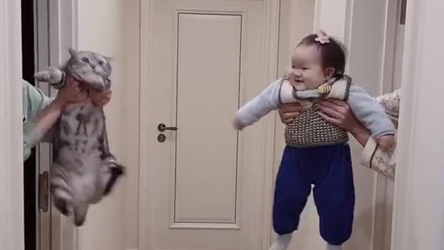 The cute baby vs cute cat