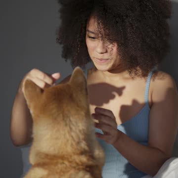 A Woman Early Playful Moments With Her Dog In Bed