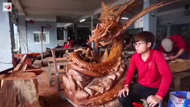 Wood carving - Lord Warrior fighting Dragon - Gran Saga Huge Sculpture Amazing