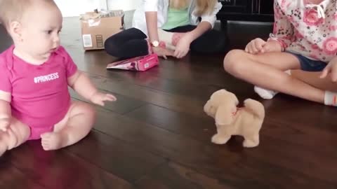 Cute baby first encounter with doggy