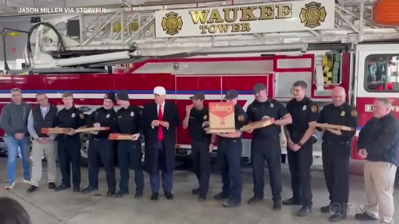 Donald Trump delivers pizza to firefighters in Iowa