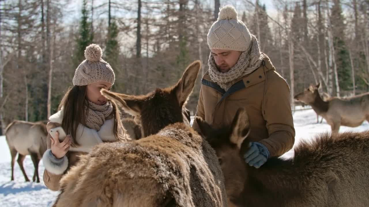 Young happy woman taking picture with smart phone of her and her husband on deer