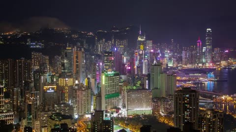 City lights of the futuristic city of Hong Kong