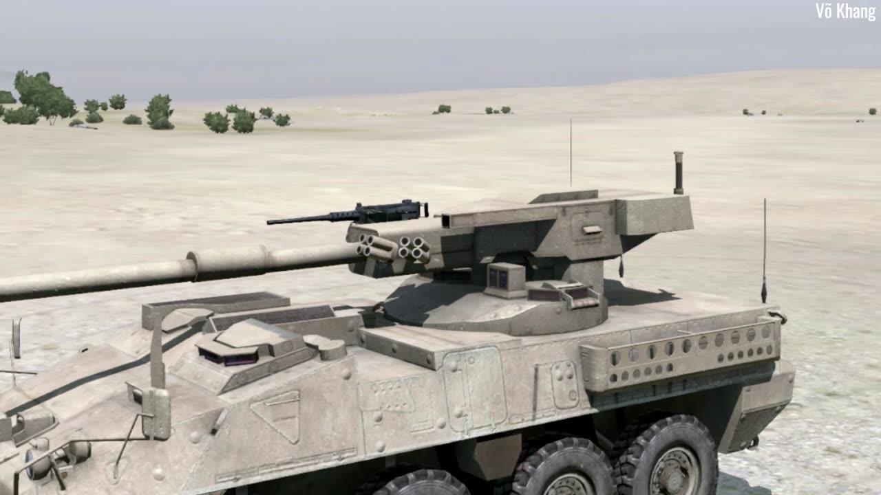 The M1128 MGS wheeled armored anti-tank gun fires to destroy simulated target