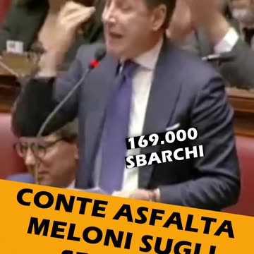 Il parlamentare Giuseppe Conte(M5S) ricorda alla premier italiana Lady Aspen Giorgia Meloni di Fratelli d'Africa dei suoi numeri e del suo record degli sbarchi di clandestini in Italia dal 2017 dal blocco navale di Defend Europe