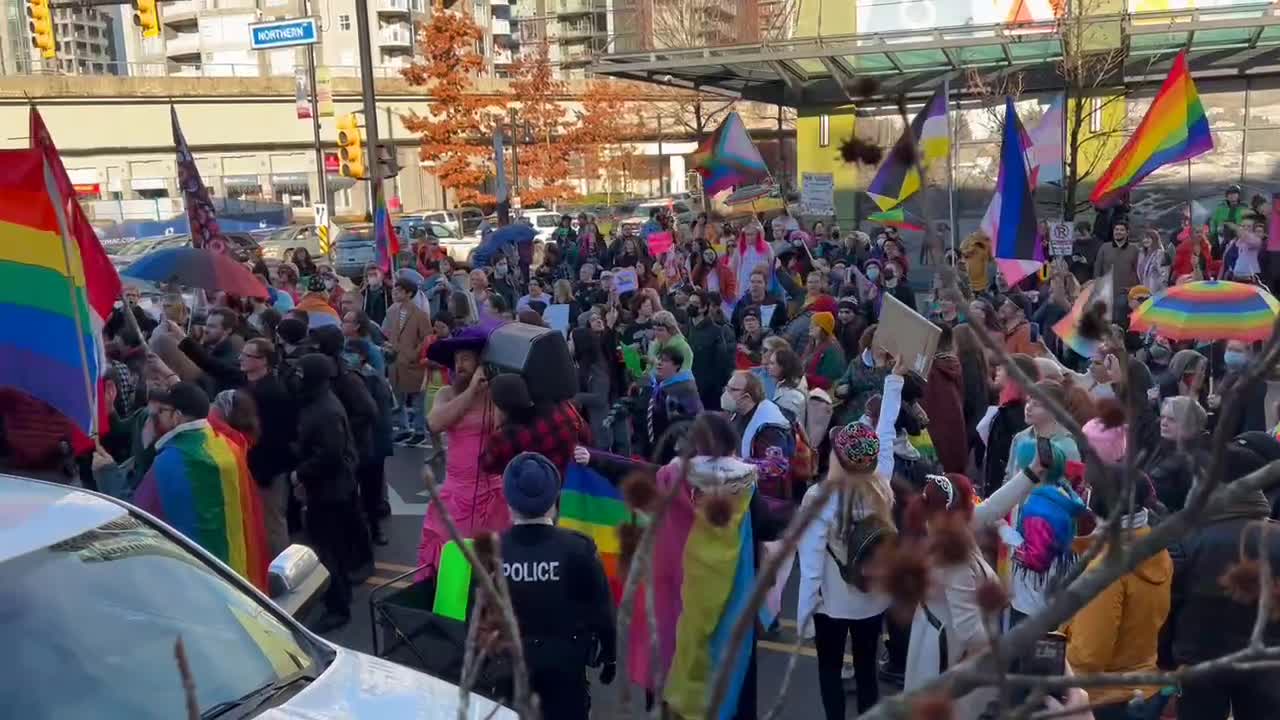 Confrontation as Antifa and Gays against Groomers clash outside a Coquitlam, BC Library.