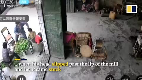 Firefighters free Chinese toddler stuck upside down in a stone mill while doing headstand