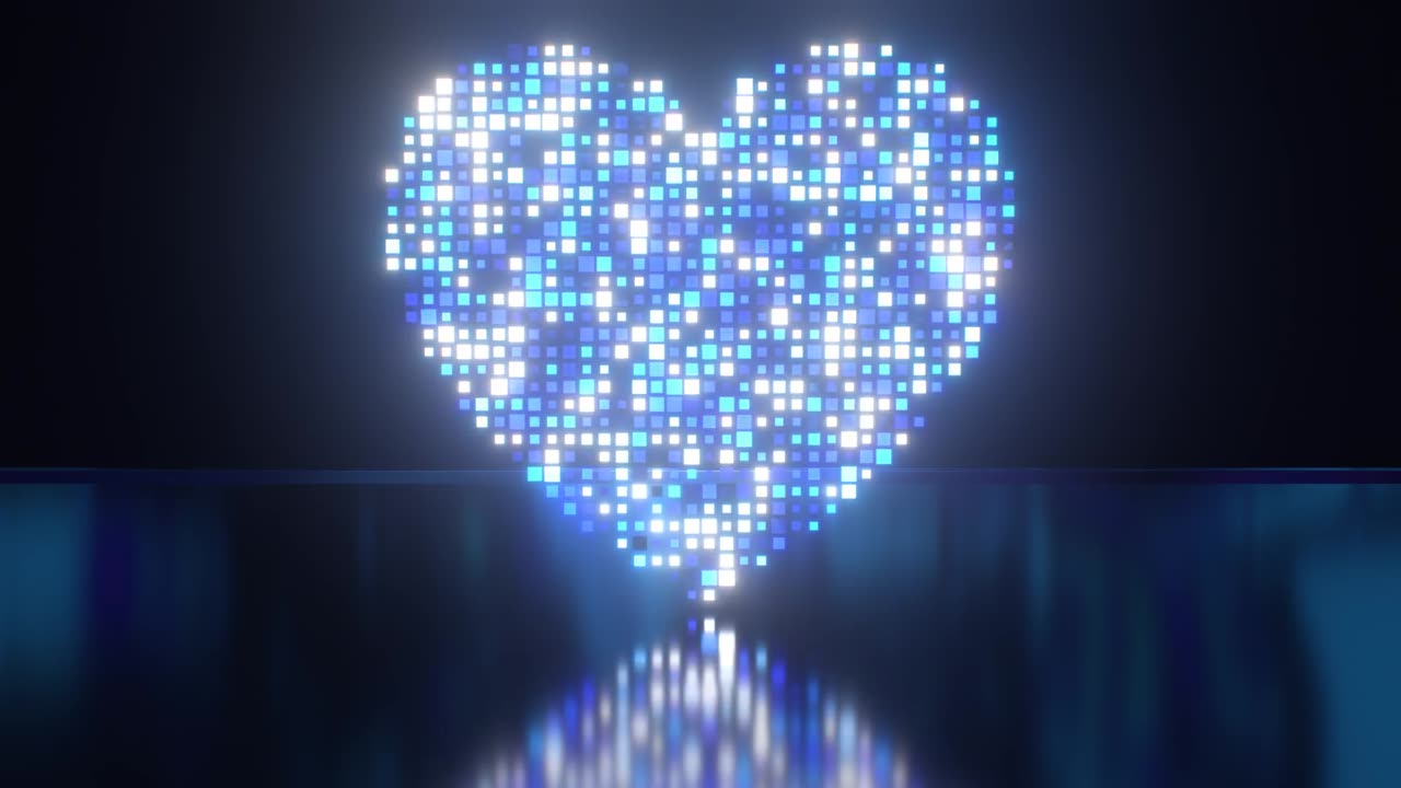 045. Digital Heart Made Of Square Pixels Flashing Blue White Neon Colors