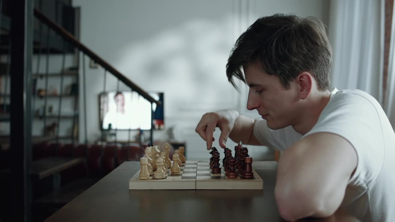 Young man playing chess alone