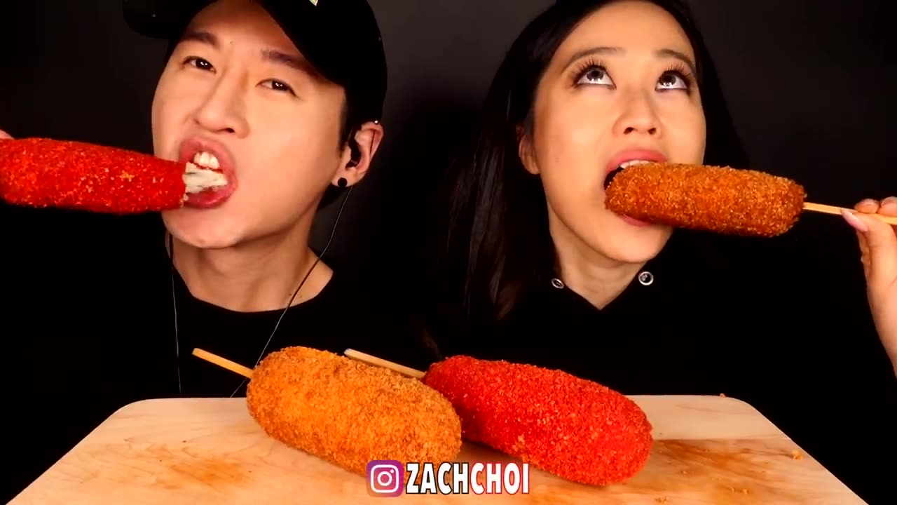 Zach Choi| ASMR HOT CHEETOS MOZZARELLA CORN DOGS FT. Stephanie Soo