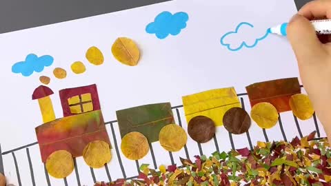 With autumn leaves can also collage full of children's fun little train,