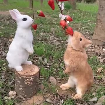 Two beautiful rabbits eating