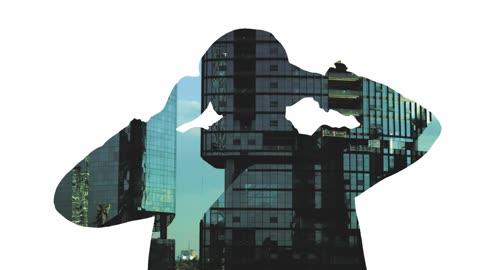 Corporate buildings and a man