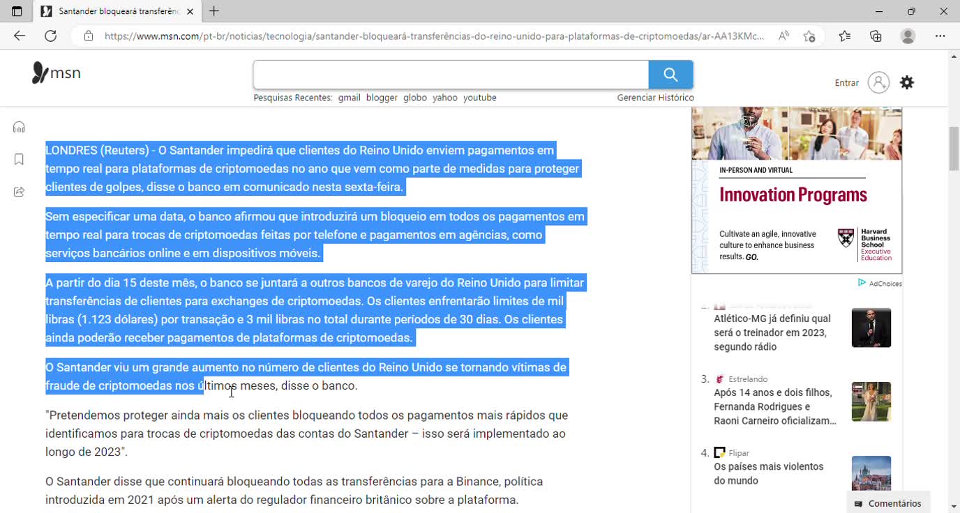 Santander bloqueará transferências do Reino Unido para plataformas de criptomoedas