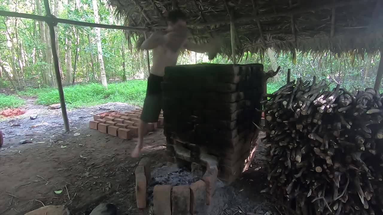 Primitive Technology: Wood Ash Cement & Fired Brick Hut