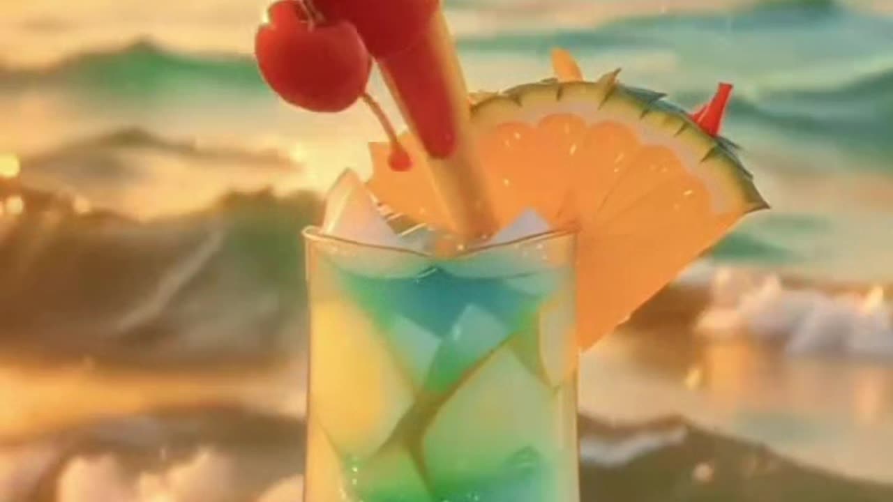 Chilling at beach with a refreshing cocktail, topped with cherries dancing to the rhythm