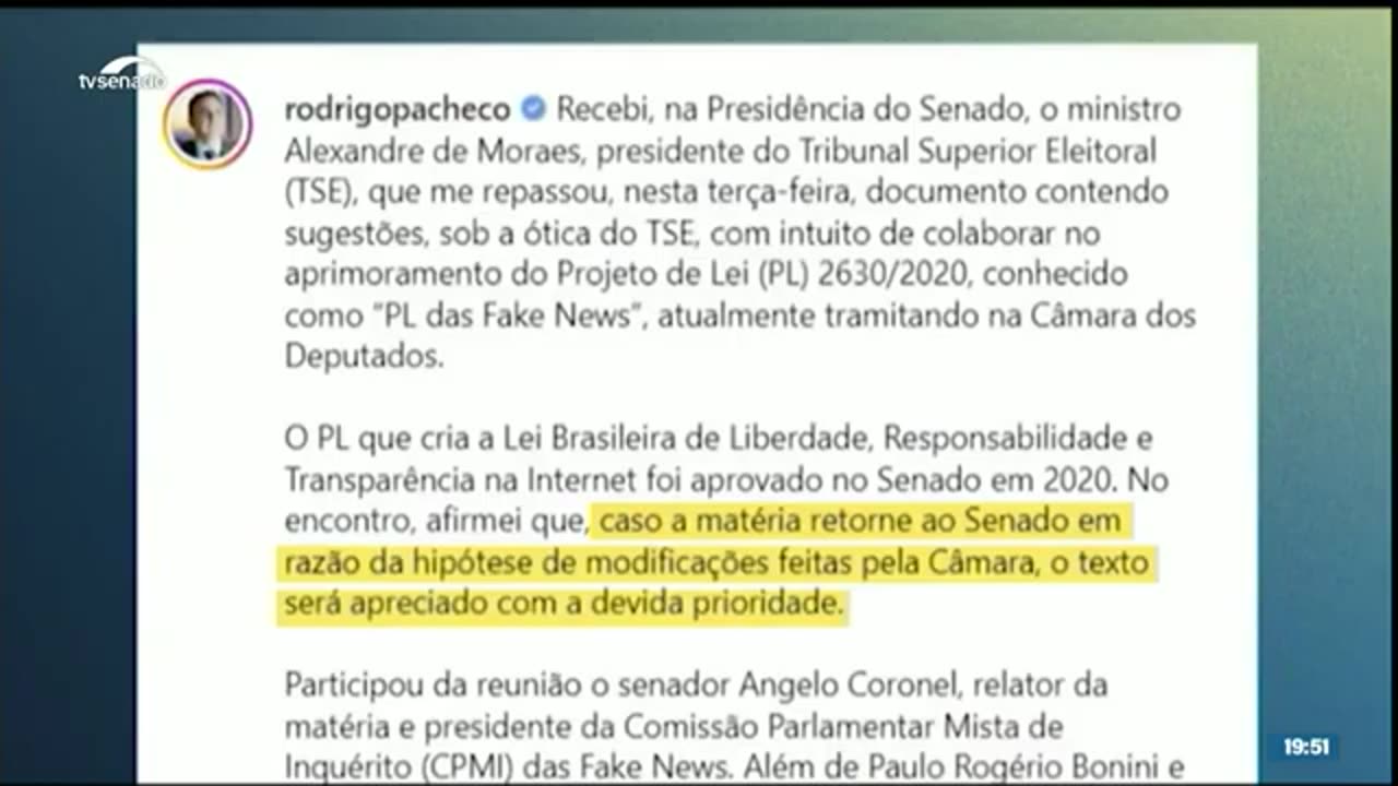 GLOBO e MORAES: Entregue sugestões de Alexandre de Moraes e da Globo para o congresso.