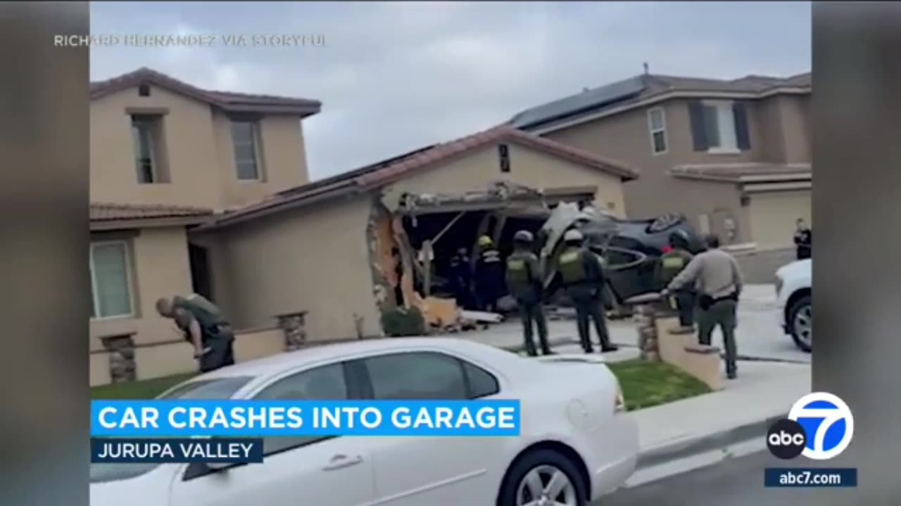 Video shows car go airborne before crashing into Jurupa Valley garage.