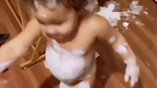 Toddler Spills Paint on the Floor and Smears it All Over Herself