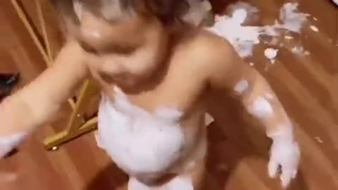 Toddler Spills Paint on the Floor and Smears it All Over Herself