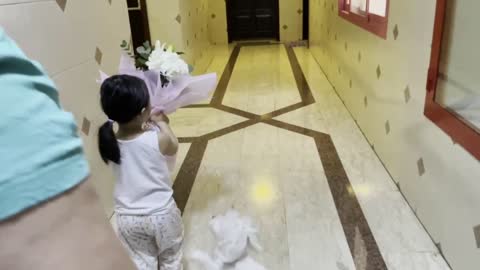 Havanese dog pushing her baby best friend to get the flowers