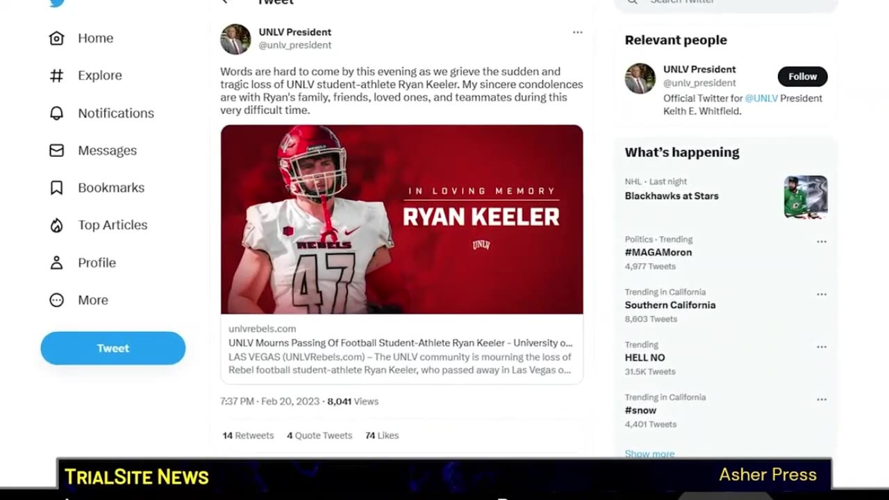 20-year-old UNLV Football player Ryan Keeler found dead in studio apartment