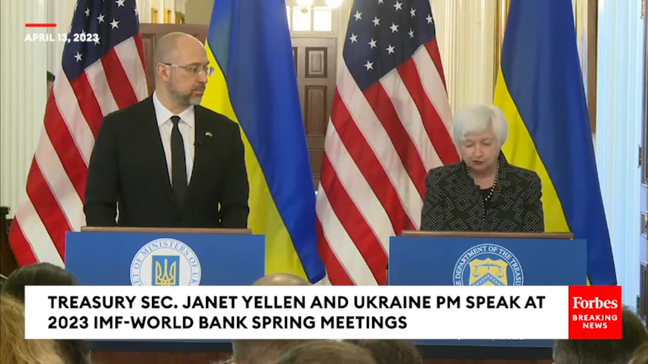 Treasury Sec. Janet Yellen Holds Press Briefing Ukraine PM Denys Shmyhal At IMF-World Bank Meeting