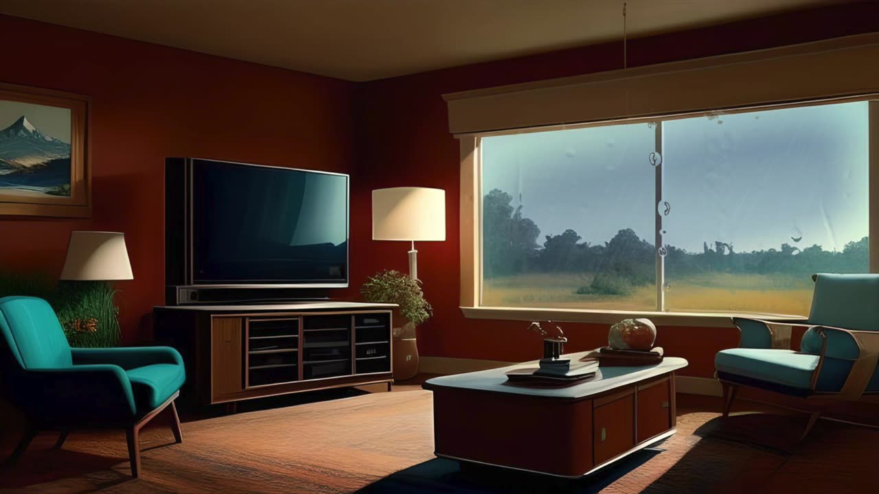 1970s AI Living Room in Rain