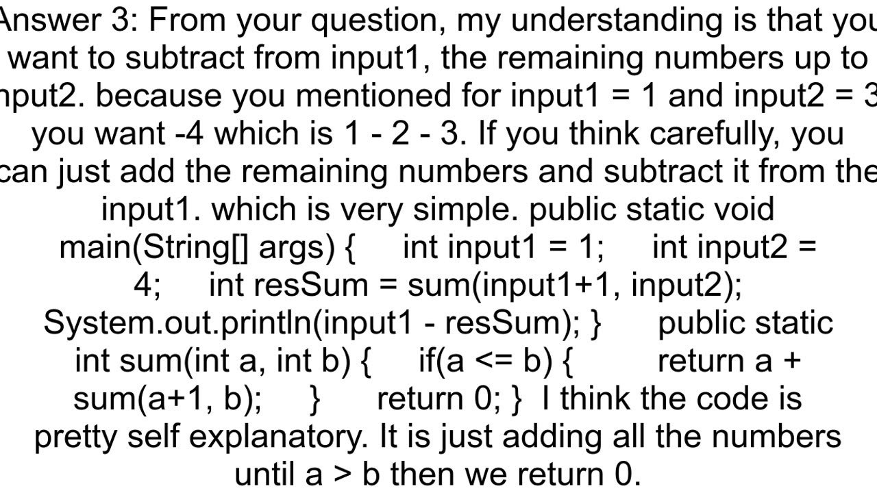 subtraction via recursion within a range of numbers java