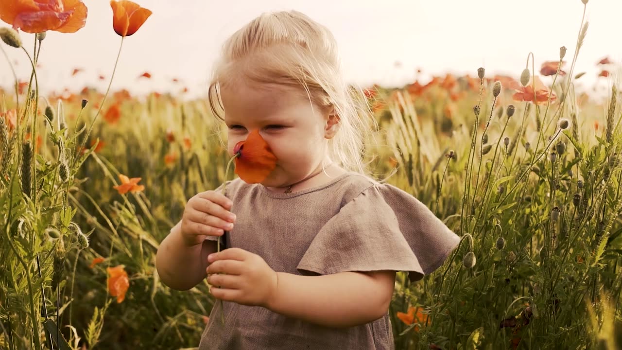 A Captivating Moment of a Girl Playing with Flowers