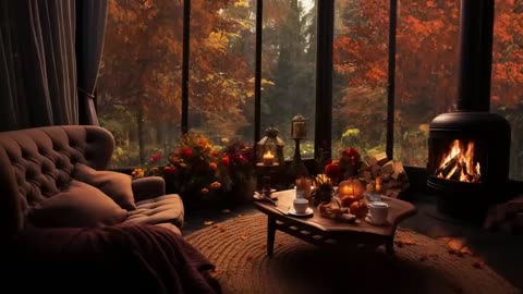 Rainy Autumn Day with Crackling Fireplace in a Cozy Hut Ambience - Relax,