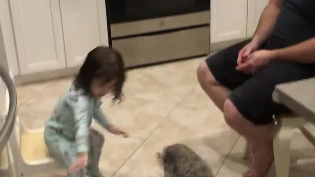 Playing ball in the kitchen in PJs