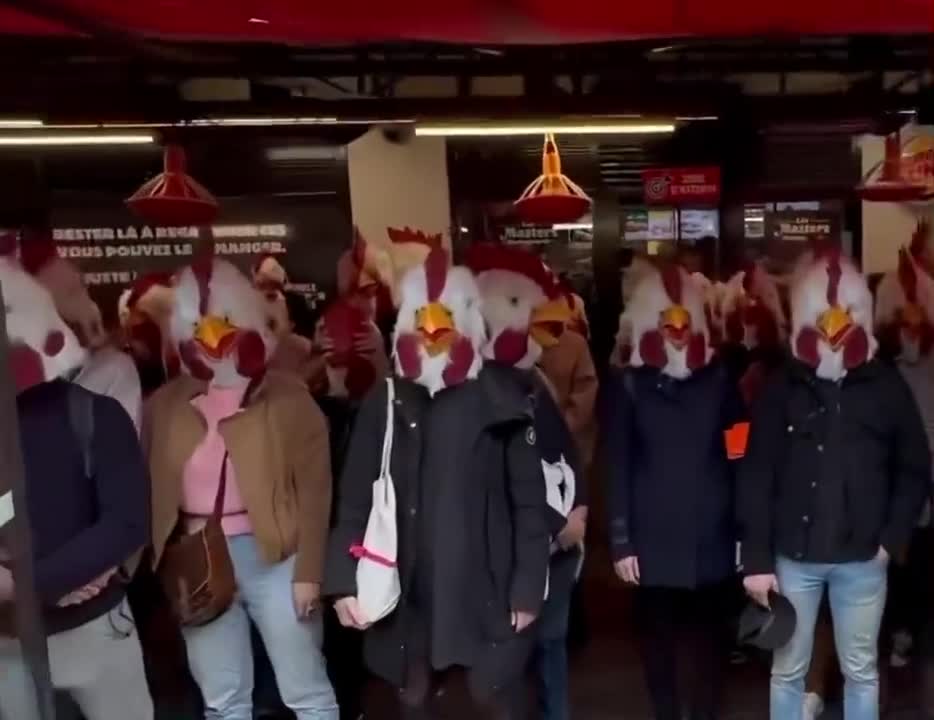 Activists in Paris raid fast food restaurant with chicken masks