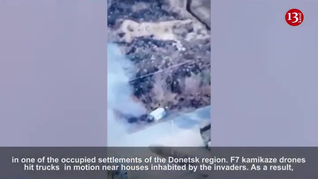 Drone attack on area where cars and trucks transporting invading Russians to battle are gathered