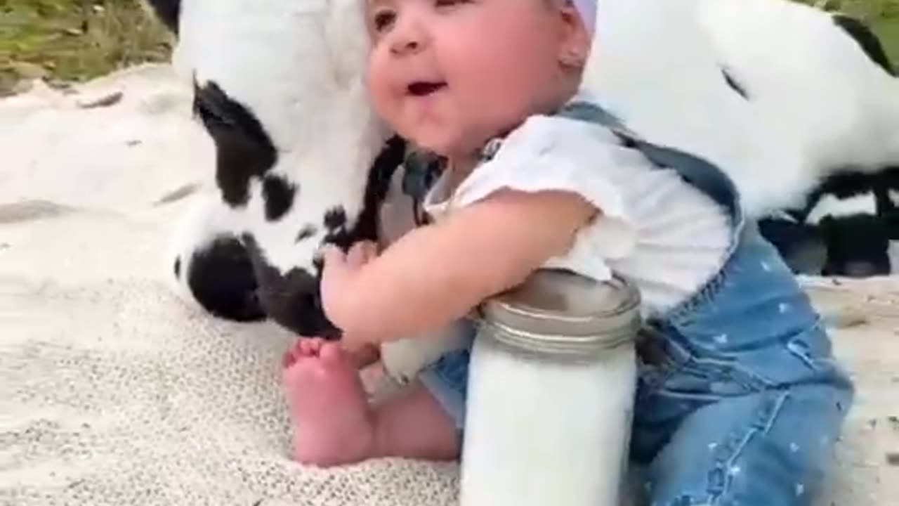 Adorable Cute Baby And Cow.