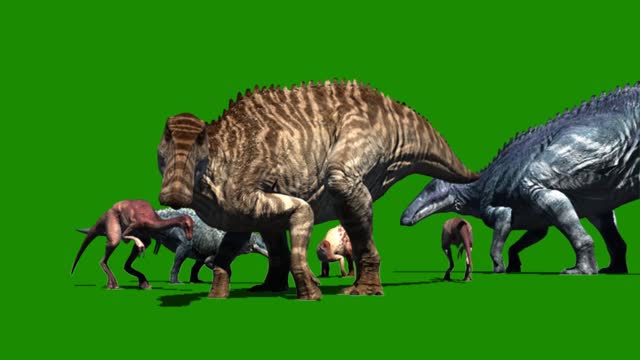 a group of dinosaurs pauses to show the composition