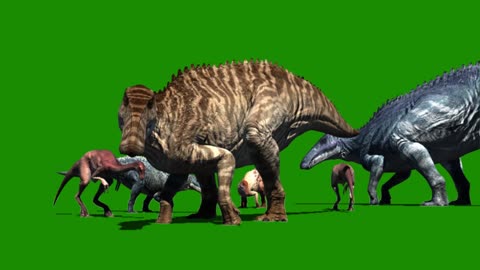 a group of dinosaurs pauses to show the composition