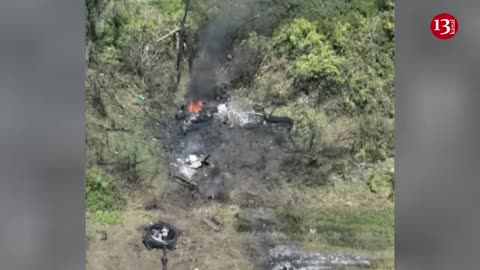 Moving in Bakhmut direction, the burning Russian tank is destroyed after exploding