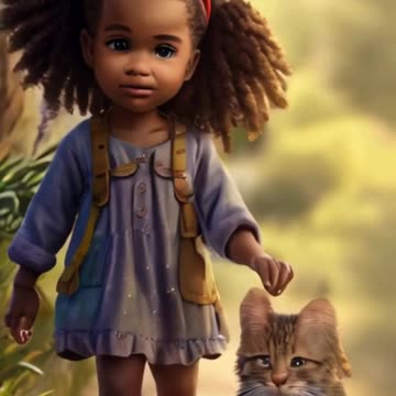 a little African girl and her cute cat walking through nature together